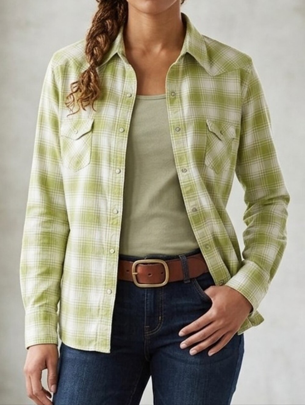 Eddie Bauer Light Green Plaid Button-Front Shirt